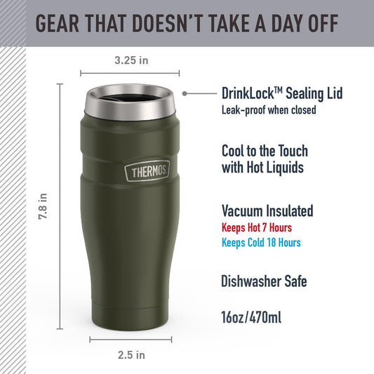 THERMOS Stainless King Vacuum-Insulated Travel Tumbler, 16 Ounce, Army Green