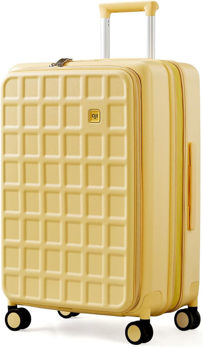aji Expandable Top Opening 24 Inch Checked Luggage with Spinner Wheels, Large Suitcase with TSA Lock, Hard Shell Travel luggage Suitcases for Men Women, for 12+Days Travel, Cheese Yellow