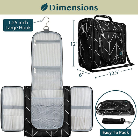 PAVILIA Extra Large Toiletry Bag Travel Bag for Women Men, Hanging Cosmetic Organizer, Water Resistant Makeup Bag for Accessories Toiletries, Travel Essentials Kit (Black Chevron)