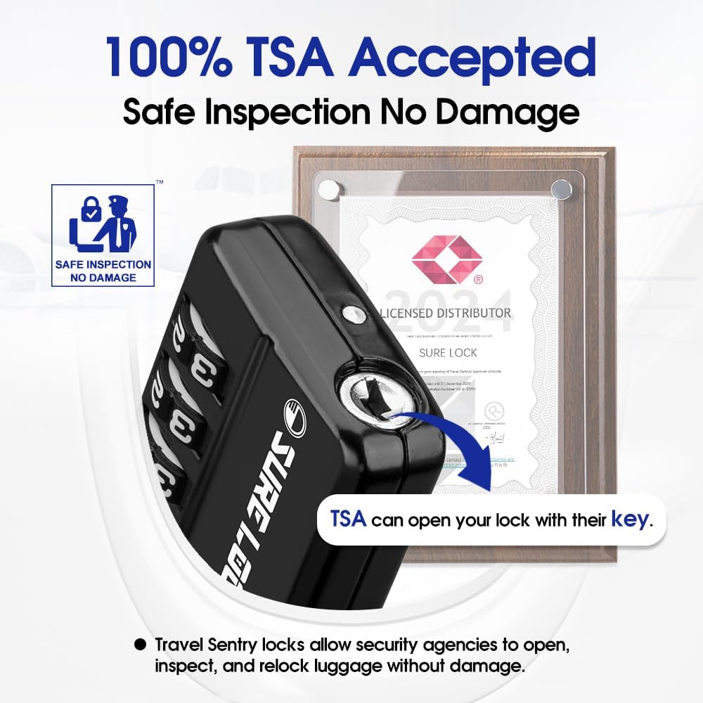 SURE LOCK TSA Approved 4-Digit Resettable Combination Luggage Lock with Open Alert, Easy-Read Dials - for Luggage, School Lockers, Gym, Office, Toolbox & Security Cases (Black 1 Pack)
