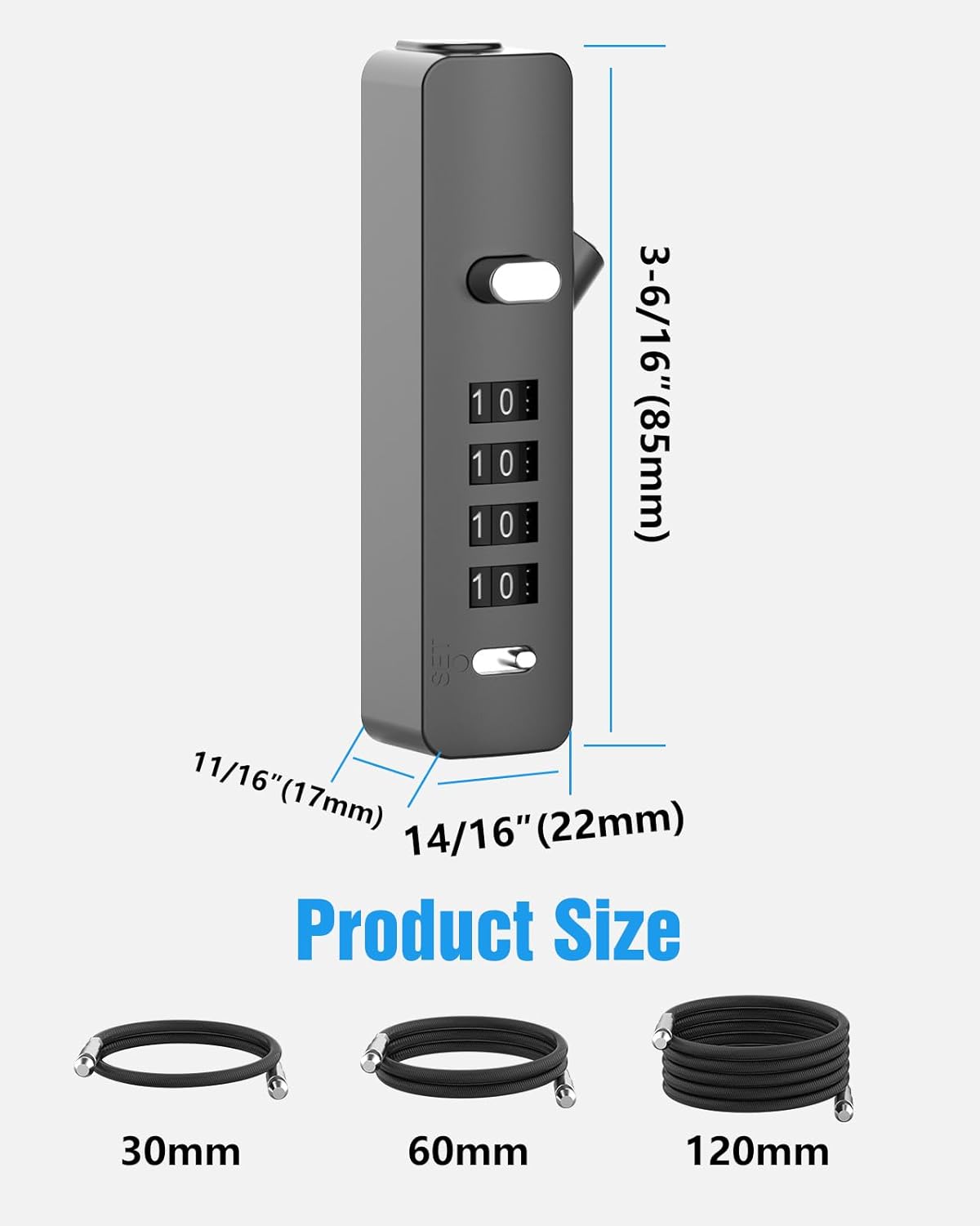 Combination Lock, 4-Digit Steel Cable Locks with Code, Locks for Lockers with 3 Lengths Cables for Bikes, File Cabinets, Wardrobes, Small Fences, Refrigerator Door (Gray-1pc)