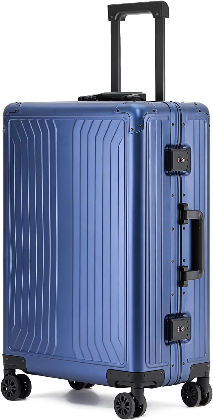Metal all aluminum carry-on suitcase 20 "hard face, TSA lock and rotating wheel zippered luggage set (blue, 20 '')