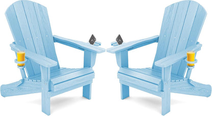 SERWALL Adirondack Chair with Cup Holders - Composite Adirondack Chairs HDPE Outdoor Chairs Set of 2 All Weather Use- Light Blue