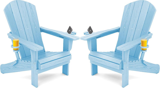 SERWALL Adirondack Chair with Cup Holders - Composite Adirondack Chairs HDPE Outdoor Chairs Set of 2 All Weather Use- Light Blue