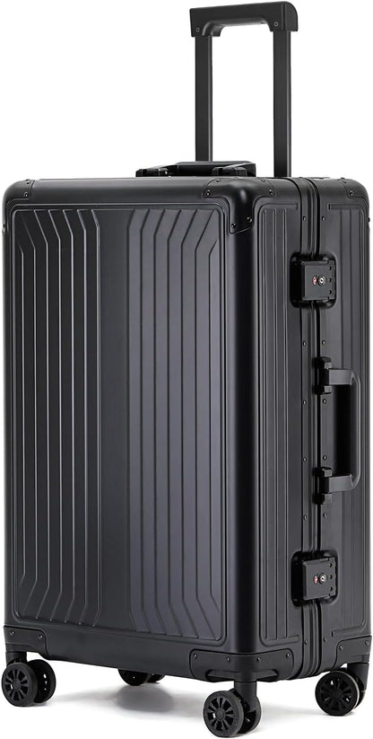 Metal all aluminum carry-on suitcase 20 "hard face, TSA lock and rotating wheel zippered luggage set (black, 20 '')