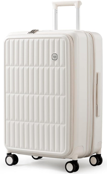 aji Expandable Top Open 26 Inch Checked Luggage with Spinner Wheels, Large Suitcase with TSA Lock, Hardside Travel Luggage Suitcases for Men Women, for 24+Days Travel, Coconut White