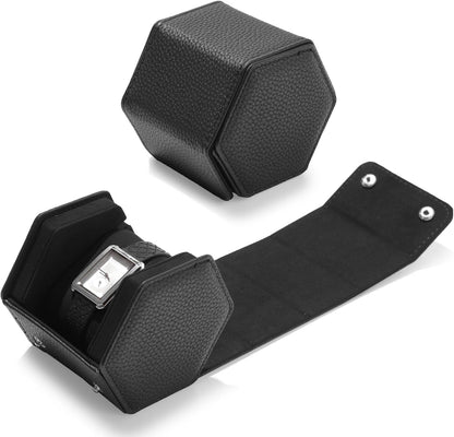 Oirlv Luxury Hexagonal Leather Watch Travel Case Single Watch Box for Men Portable Jewelry Storage Roll Organizer (1-Slot,Black)