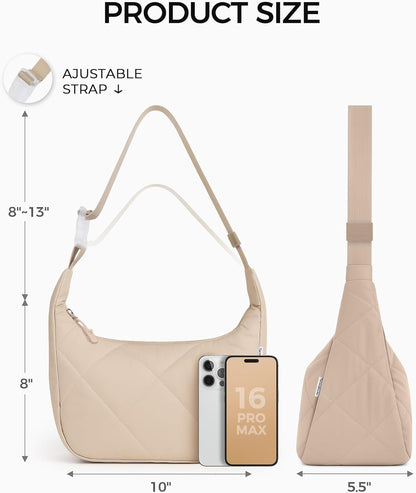 Quilted Lunch Bag for Women, Cute Insulated Lunch Tote with Adjustable Strap, Puffy Reusable Waterproof Cooler Bag, Stylish Bento Lunch Box for Work Picnic Travel, Beige