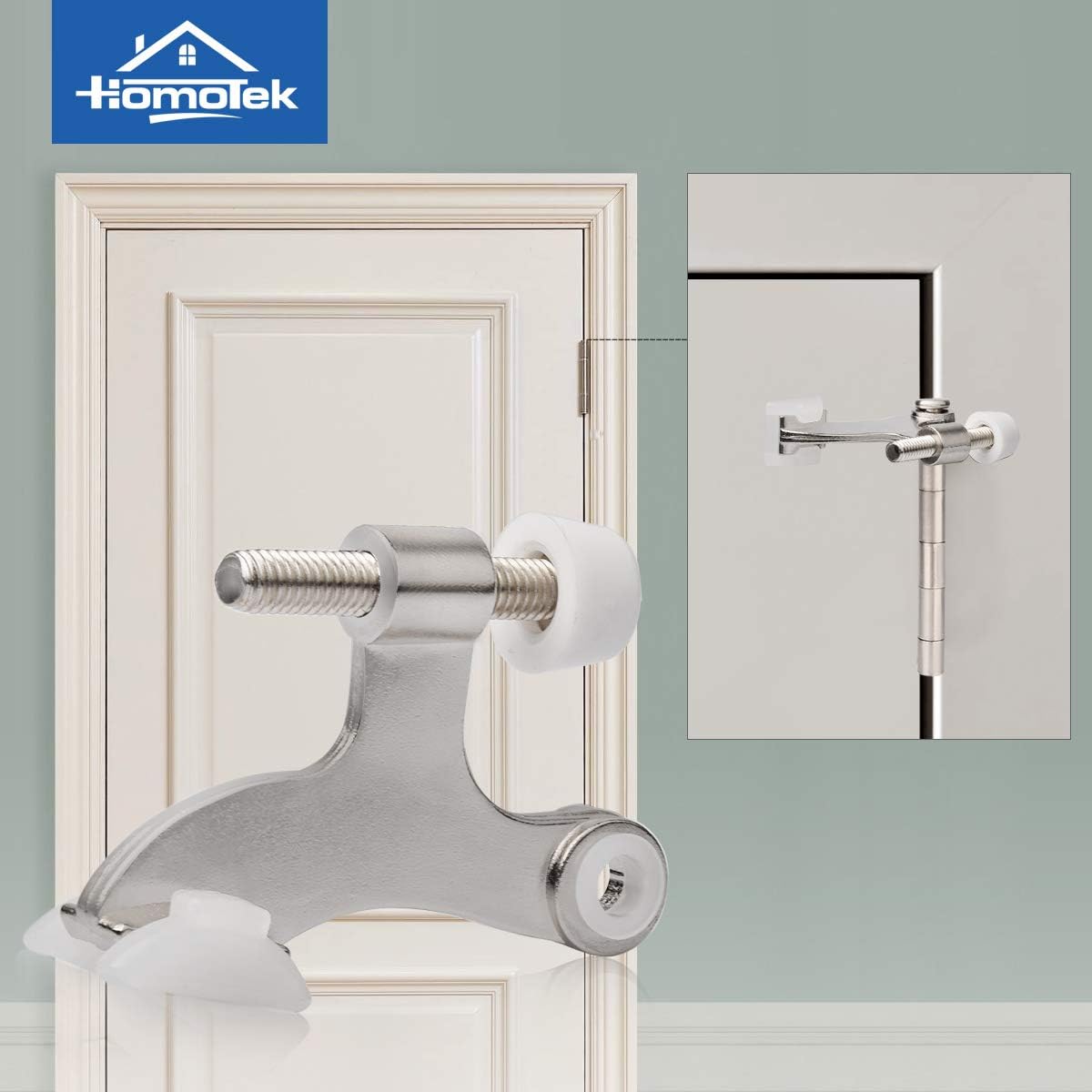HOMOTEK 8 Pack Hinge Pin Satin Nickel Door Stopper,Adjustable Deluxe Heavy Duty Door Stopper 2-1/2"x1-3/4,with White Rubber Bumper Tips