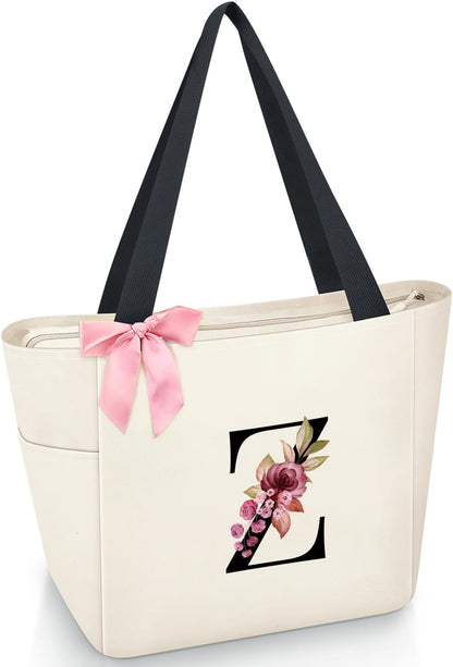 Vavabox Tote Bag, A-Z Initial Monogrammed Waterproof Tote Bag, Bridesmaid Gifts for Women, Black and Pink
