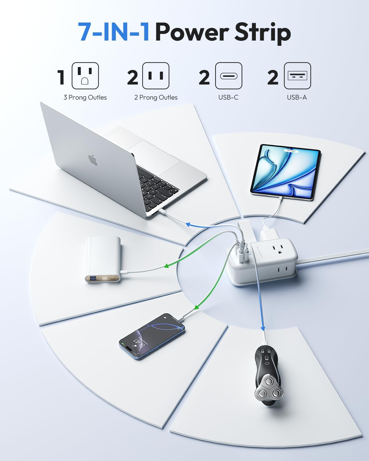 NTONPOWER GAN Ultra 65W USB Charging Station, 7 in 1 Travel Power Strip with 3 Outlets 4 USB (2 USB C), Extension Cord 4ft, Travel Essentials, Cruise Power Strip Compatible with MacBook, iPhone, White