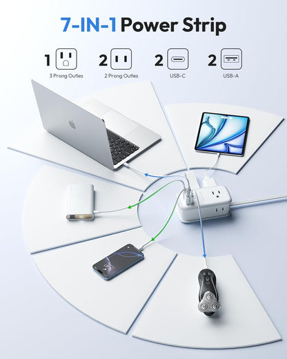 NTONPOWER GAN Ultra 65W USB Charging Station, 7 in 1 Travel Power Strip with 3 Outlets 4 USB (2 USB C), Extension Cord 4ft, Travel Essentials, Cruise Power Strip Compatible with MacBook, iPhone, White