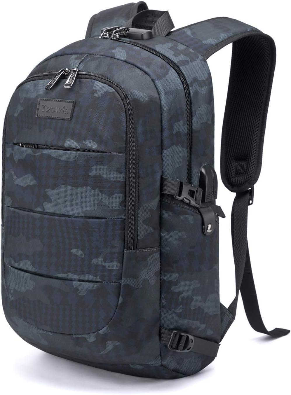 Tzowla Business Laptop Backpack Water Resistant Anti-Theft Backpack with USB Charging Port and Lock 17.3 Inch Computer Backpacks for Women Men, Casual Hiking Travel Daypack (Navy Blue Camo)