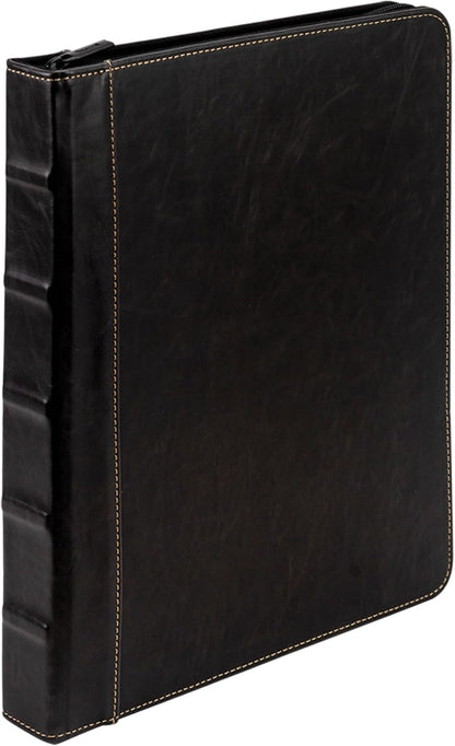 Samsill Vintage Leather Binder, Zippered, 1 Inch Round Ring, Letter Size 8.5x11 Documents, Contrast Stitching, Professional Organizer Portfolio, Planner, Black