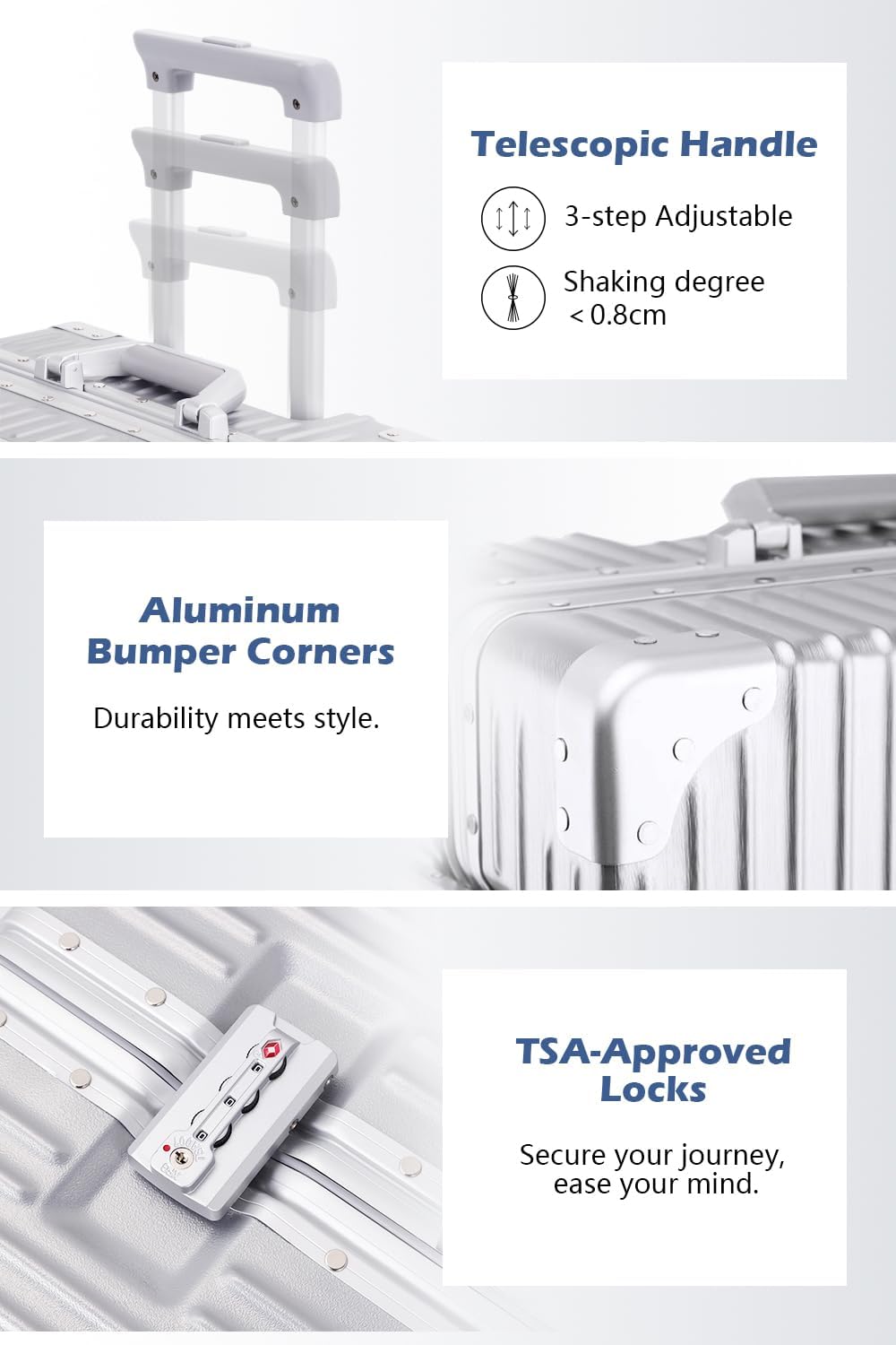 HotWay 22 Inch Checked in Luggage with Aluminum Frame,PC Hard Shell Suitcase with Spinner Wheels and TSA Lock, Large Suitcase for Travel, White