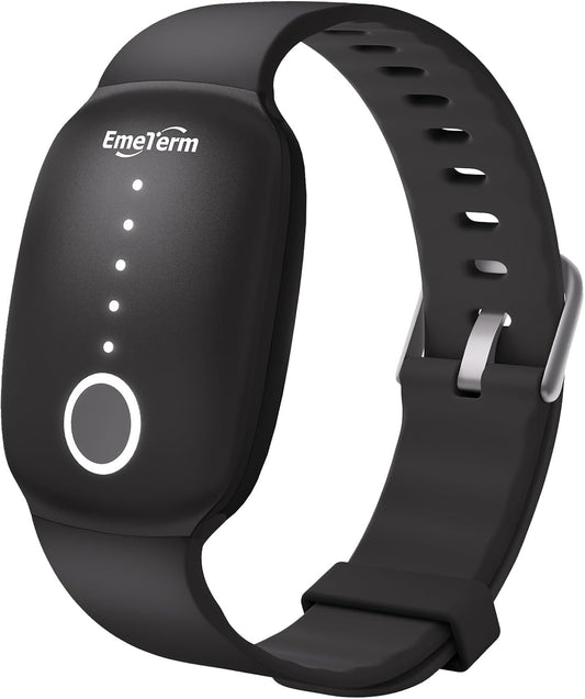 EmeTerm Fashion FDA Cleared Relieve Nausea Electrode Stimulator Morning Sickness Motion Travel Sickness Vomit Relief Rechargeable No Gel Drug Free Wrist Bands Without Side Effects (Jet Black)