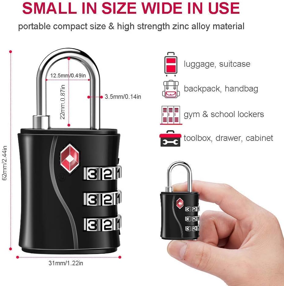 ZHEGE Luggage Lock for Train 4 Pack, 1 Cable (30 Inch), TSA Approved Travel Cable Lock for Backpack, Suitcase, School Gym Locker (4 Pack, Black)