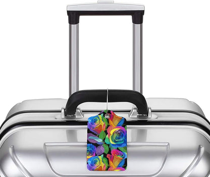 Rainbow Rose Flowers Luggage Tag for Women Girls, Sport Suitcase Tag Leather Travel Baggage Identifiers Tags with Full Back Privacy Name ID Card Set of 2