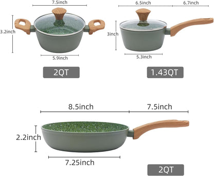 3-Piece Nonstick Pots and Pans Set with Lids, Includes 8.5 Inch Frying Pan 1.5Qt Saucepan and 2.2Qt Stock Pot, PFOA Free Dishwasher Safe Induction Compatible Family Cookware, Green