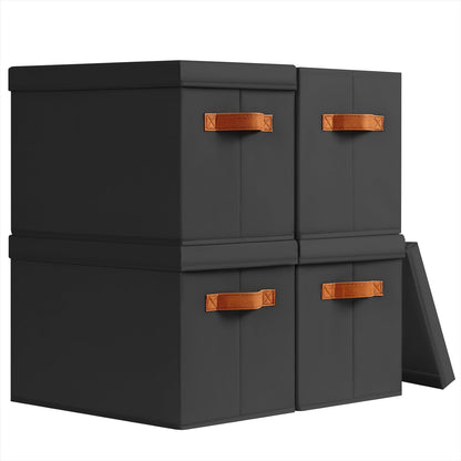 Storage Bins with Lids - Fabric Storage Baskets for Shelves, 4 Pack Foldable Decorative Boxes with Handles, Stackable Organizer Bins for Home, Nursery, Dorm, Black