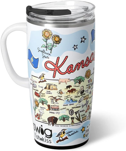 Swig Life 22oz Travel Mug, Insulated Tumbler with Handle and Lid, Travel Coffee Mug, Cup Holder Friendly, Stainless Steel 22 oz Tumbler, Reusable Insulated with Lid (Kansas)