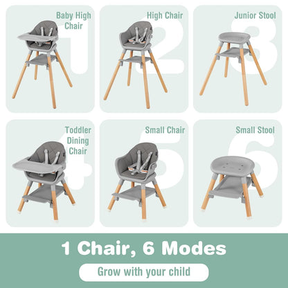 BABY JOY Baby High Chair, 6 in 1 Convertible Wooden Highchair for Babies & Toddlers with Adjustable Legs, Removable Double Tray, Safety Harness & Waterproof PU Cushion (Gray)