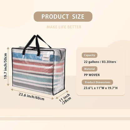VENO 6 Pack Heavy Duty Moving Bags, Storage Bags, Packing Supplies, Top Zipper, Storage Totes for Camping, Clothes, Bedding, Comforters, Pillows (22 Gallon Clear, 6 Pack)