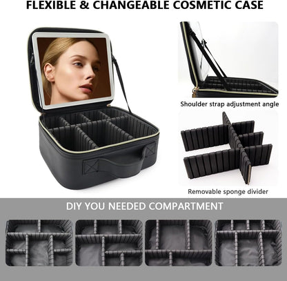 Travel Makeup Bag with LED Lighted Mirror, Travel Makeup Organizer,3 Color Setting Cosmetic Makeup Box, Adjustable Dividers and Brush Holder（black）