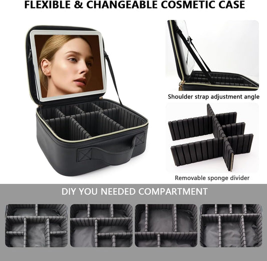 Travel Makeup Bag with LED Lighted Mirror, Travel Makeup Organizer,3 Color Setting Cosmetic Makeup Box, Adjustable Dividers and Brush Holder（black）