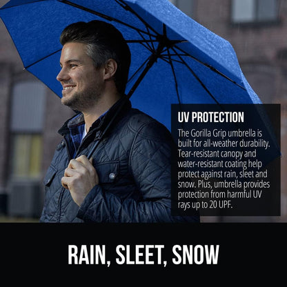 GORILLA GRIP Strong Stick Umbrella for Rain, Compact Travel One-Click Automatic Open Close, Lightweight, Portable, US Designed Reinforced Fiberglass Ribs, Wind Resistant, Easy Collapse, Navy