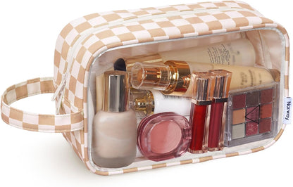 Narwey Clear Toiletry Bags for Traveling Women Men, Clear Travel Bags for Toiletries Makeup Bag Cosmetic Bag with Zipper, Make Up Organizer, Skincare Bag (Light Checkerboard)