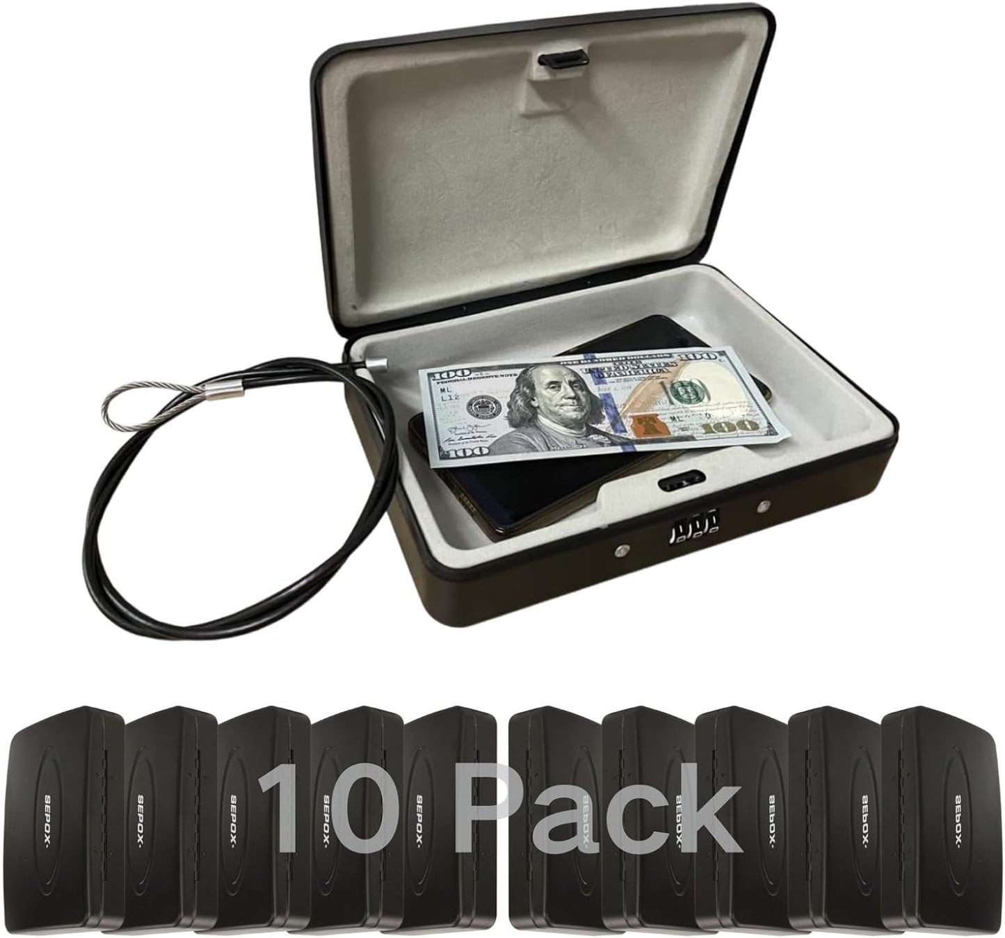 SEPOX 10Pcs Portable Security Case Lock Box Steel, Personal Travel Safe Storage Cabinet for Small Item, with 3 Ft Security Cable& Ressetable Combination Lock for Office, Car, Sports, Water Resistant