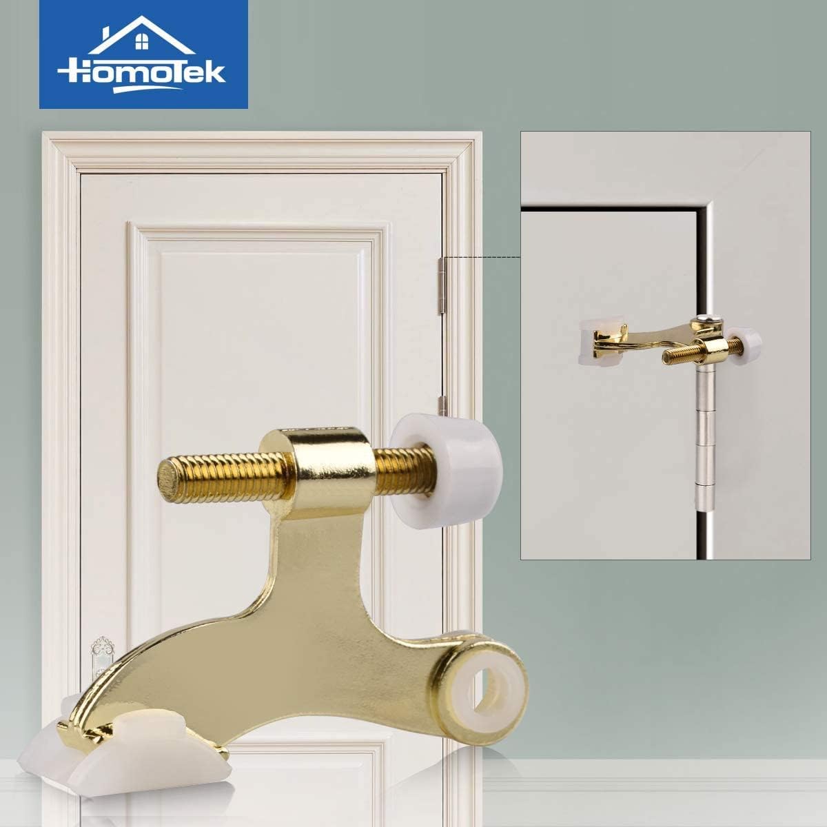 HOMOTEK 24 Pack Hinge Pin Bright Brass Door Stopper, Gold Door Stops, Adjustable Deluxe Heavy Duty Door Stopper 2-1/2"x1-3/4”,with White Rubber Bumper Tips