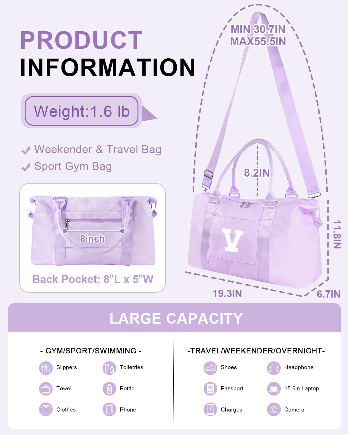 Daughter Niece Gifts for Teen Girl Kids, Initial Travel Duffel Bag Sports Gym Bag Personalized Gifts Weekender Bag，Monogram Overnight Bag Cute Dance Bag Birthday Bridesmaid Gifts for Women(Purple, V)