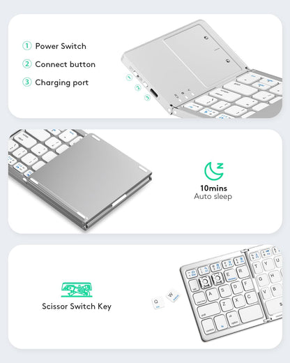 Samsers Foldable Bluetooth Keyboard with Touchpad - Portable Wireless Keyboard with Holder, Rechargeable Full Size Ultra Slim Pocket Folding Keyboards for Android Windows iOS Tablet & Laptop - Silver