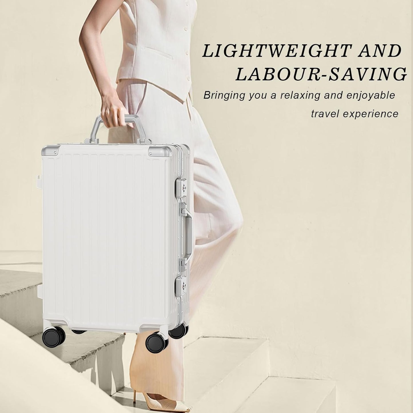 AnyZip Luggage PC+ABS Aluminum Frame Zipperless Checked Luggage Hard Shell Suitcase with TSA Lock Double Spinner Wheels 24 Inch White