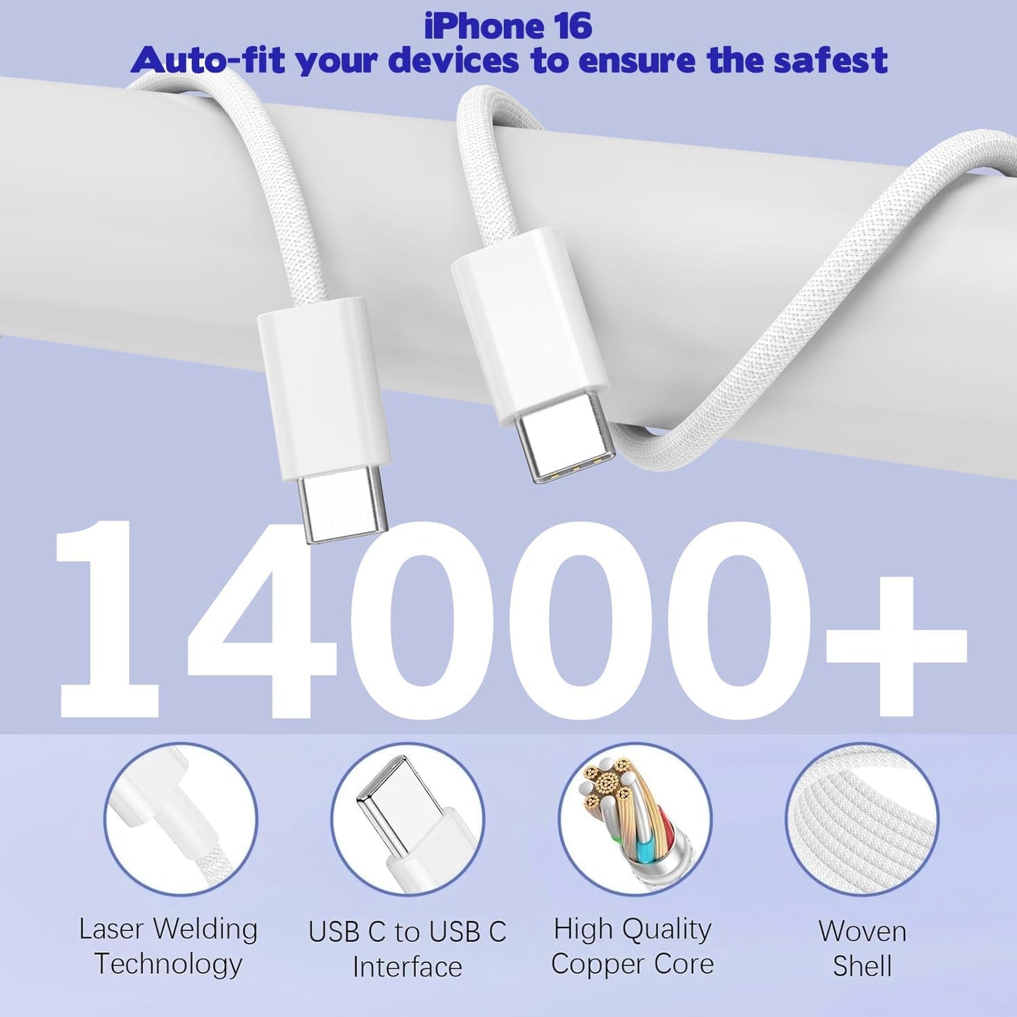 iPhone 17/16 Fast Charger Block,2 Pack 60W USB Charging Block 5-Port Charge Adapter for Apple iPhone Charger with 6FT USB C Woven Fast Charging Cable for iPhone17/16e/16Pro/15ProMax, iPad Pro/Air/Mini