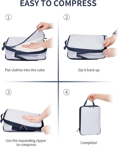 ECOHUB 6 Set Compression Packing Cubes, Lightweight Cruise Ship Vacation Travel Essentials, Durable Travel Accessories for Suitcase Luggage Organizer Bags Set with YKK Zippers Shoe Bag, Dark Blue