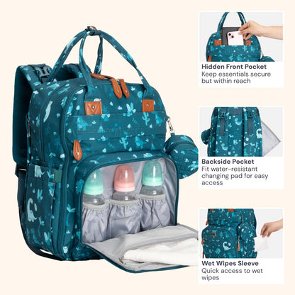BabbleRoo Diaper Bag Backpack - Baby Essentials Travel Tote - Multi Function Water Resistant Diaper Bag, Travel Essentials Baby Bag with Changing Pad, Stroller Straps & Pacifier Case - Unisex, Dino