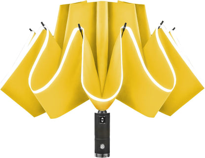Lejorain Automatic Folding Umbrella Inverted - Upside Down Yellow Windproof Umbrella LED Flashlight Handle With Reflective Strip