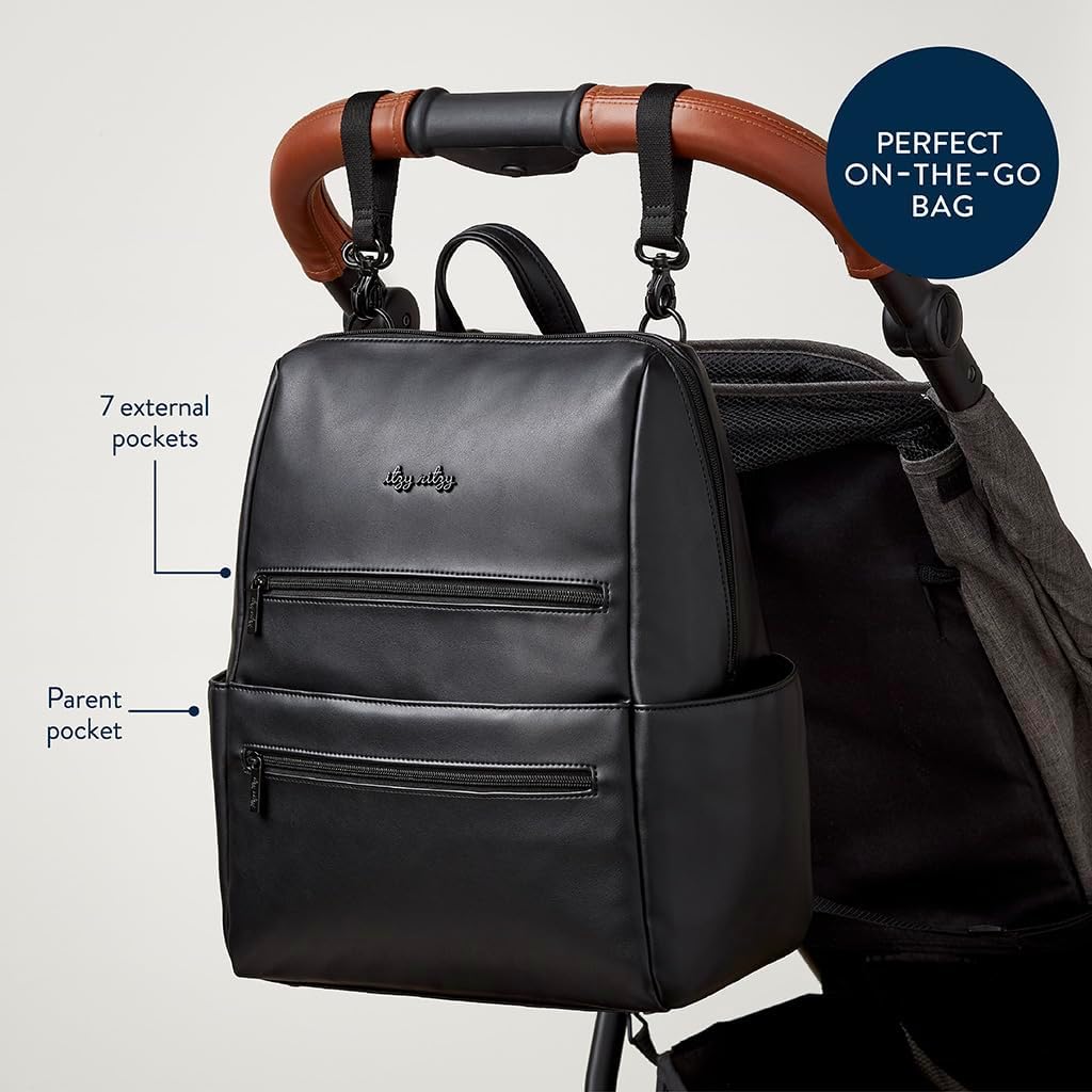 Itzy Ritzy Eras Diaper Bag Backpack – Large Capacity Sleek Daddy Diaper Bag for Men Featuring Neutral Design, 15 Pockets, Changing Pad, Stroller Straps, and Comfortable Backpack Straps, Black