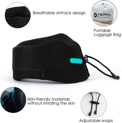 Travel Pillow, Super Neck Chin Head Support, Memory Foam, Neck Pillows for Travel Sleeping Airplane Car Office with Compact Carry Bag Black Small