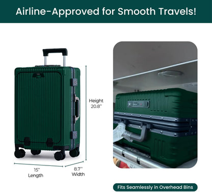 NOBL Travel Carry On Luggage, Noble Zipperless Aluminum Frame PC Hard Shell Suitcase, 20.8x15x8.7 Airline Approved, 360° Spinner Wheels, TSA Locks, USB Charging Port, Cup & Phone Holder - Forest Green