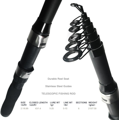 Fishing Rod Reel Combo - 2PCS 6.89ft Collapsible Rods 2PCS Spinning Reels Lures Set Fishing Pliers Carrier Bag for Travel Saltwater Freshwater Fishing Telescopic Fishing Pole Kit