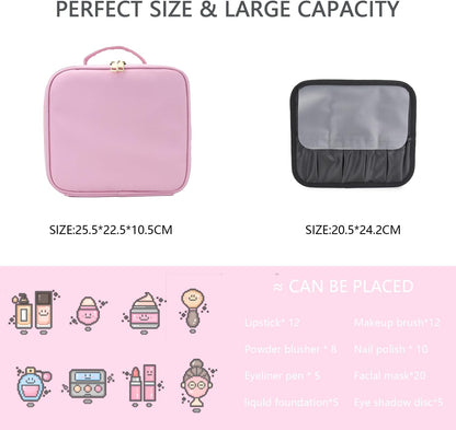 Makeup Bag with Led Mirror,Travel Makeup Organizer with 3 Color Setting & 10X Magnifying Mirror, Portable Storage and Adjustable Dividers Travel Makeup Bag-Light Pink