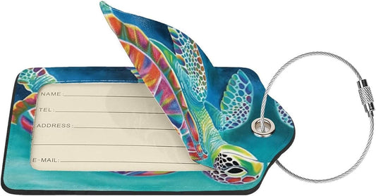 Sea Turtle Leather Luggage Tag with Stainless Steel Ring, Fun Name Id Card Cover Travel Bag Tag Set, Suitable for Travel Bag Luggage Women Men 2 PCS