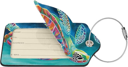Sea Turtle Leather Luggage Tag with Stainless Steel Ring, Fun Name Id Card Cover Travel Bag Tag Set, Suitable for Travel Bag Luggage Women Men 4 PCS