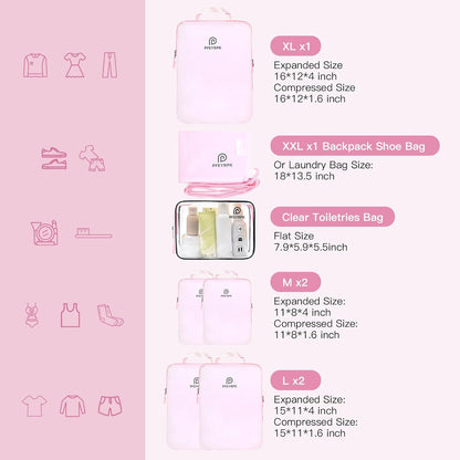 Lightweight Compression Packing Cubes for Suitcases, Compressible Expandable Travel Packing Organizer with Clear Toiletries and Backpack Bag, Travel Essentials for Carry on Luggage 7 Set