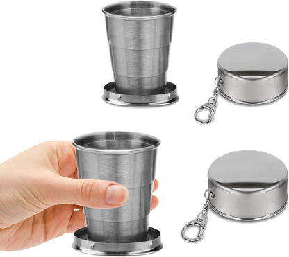 2 Pcs Stainless Steel Collapsible Cup, Foldable Cup with Lid and Keychain, Collapsible Cups for Traveling, Camping, Hiking, Biking and Daily Use (Middle)