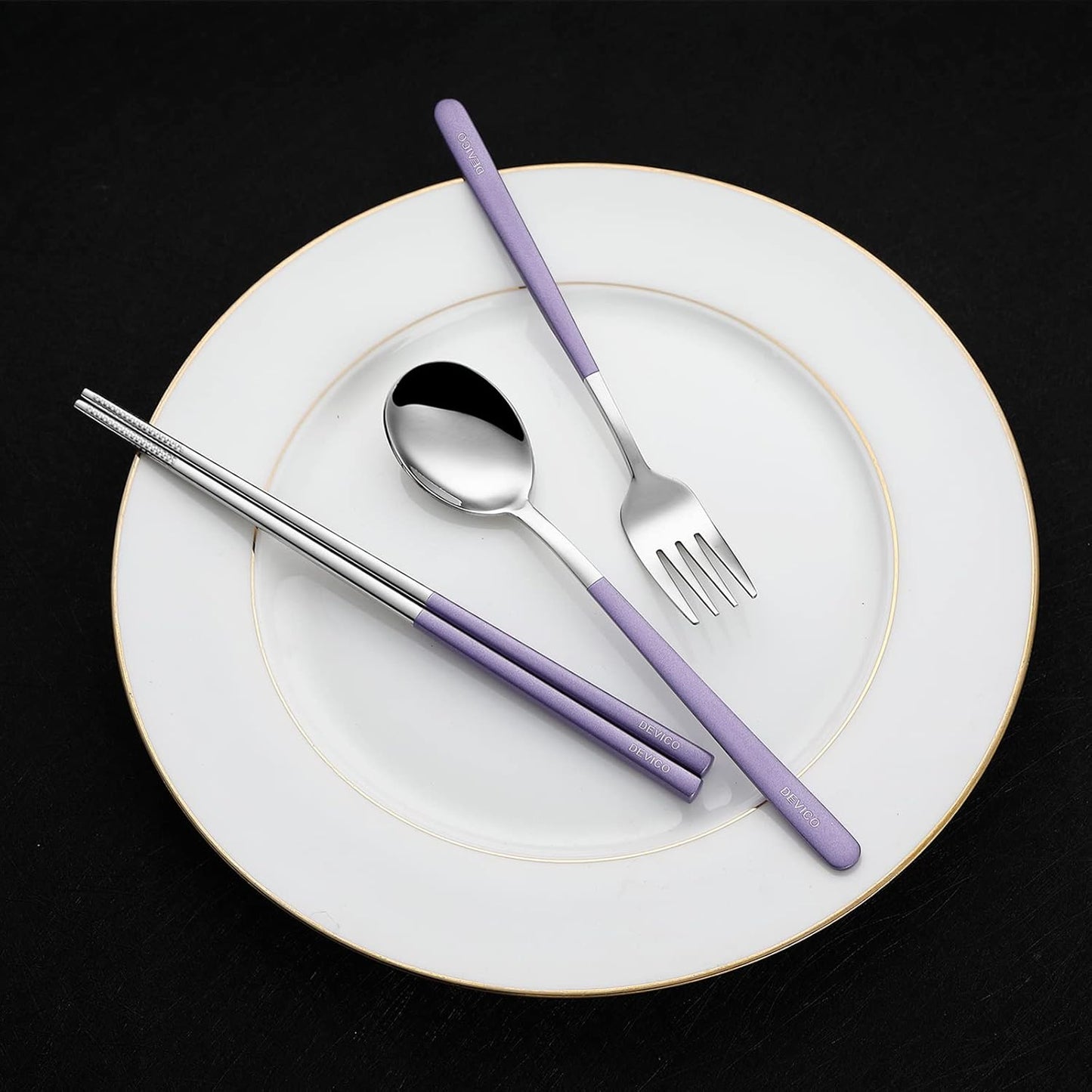 DEVICO Travel Utensils With Case, 18/8 Stainless Steel Camping Utensils, Reusable Portable Silverware Cutlery Set For Lunch Box, Include Fork Spoon Chopsticks